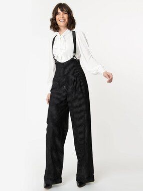 Unique Vintage 1930s Black & White Pin Stripe Thelma Suspender Pants - M/6-8